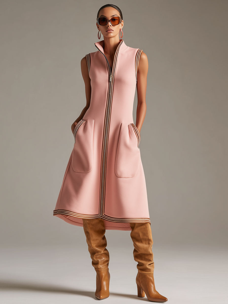 Sporty Retro Striped Ribbed Pink Cotton Blend Sleeveless Midi Dress  - By Qivii
