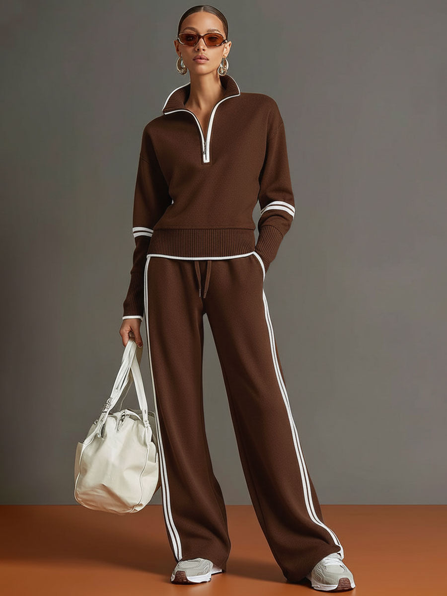 Retro Sporty Webbing Grey-white Half-zip Sweatshirt And Wide-leg Pants Set  - By Qivii