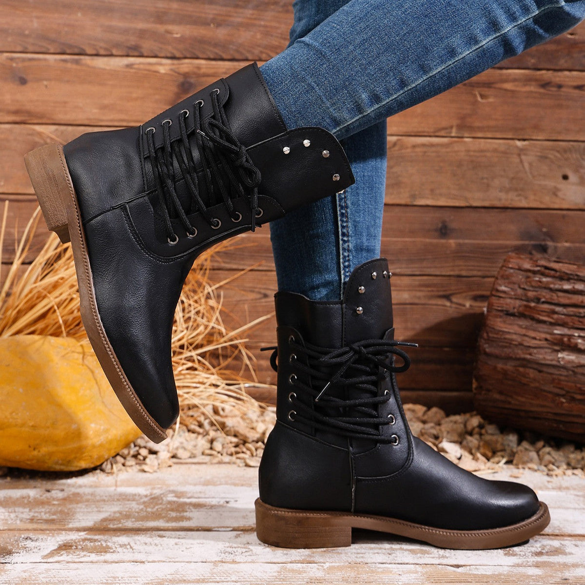 Women's Rivet Roma Boots - Side Lace Chunky Heel Mid Calf Boots (US 4-10.5)