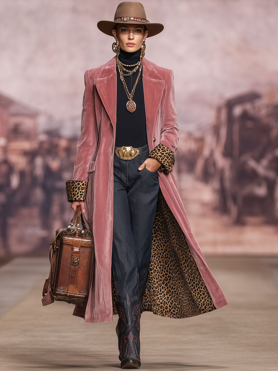 Lapel Single-breasted Velvet And Leopard Print Coat  - By Qivii