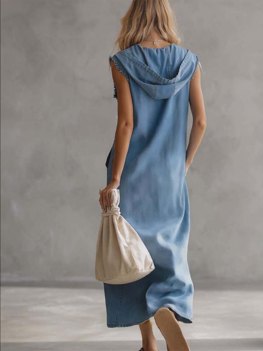 Exquisite Vintage Casual Hooded V-neck Zipper Side Slits Buttons Blue Denim Midi Dress  - By Qivii