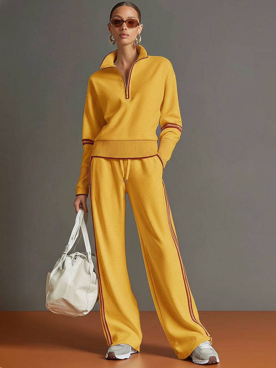 Retro Sporty Webbing Grey-white Half-zip Sweatshirt And Wide-leg Pants Set  - By Qivii