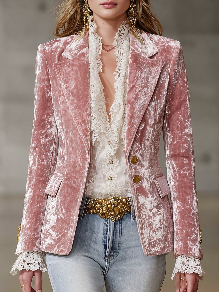 Fashion Retro Pink Velvet Gold Button Blazer  - By Qivii