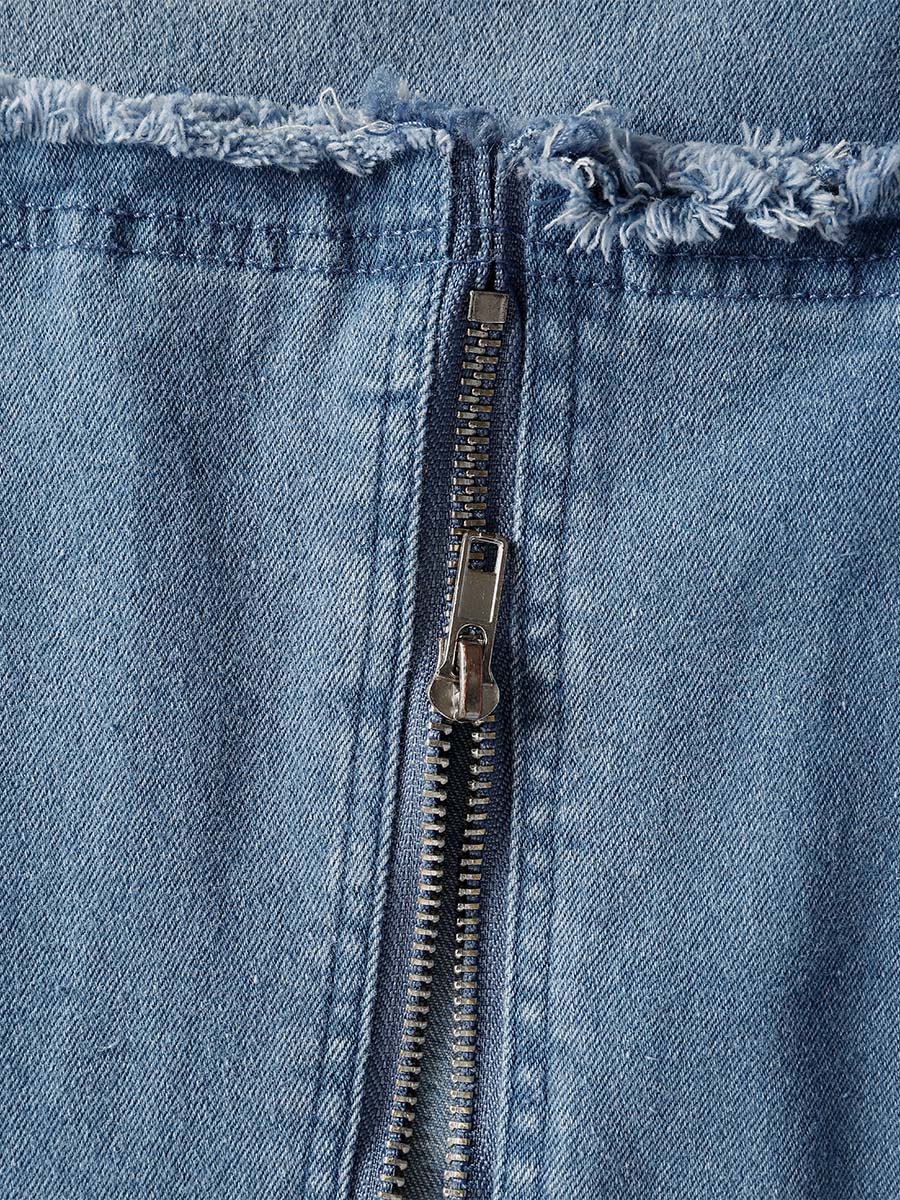 Exquisite Vintage Casual Hooded V-neck Zipper Side Slits Buttons Blue Denim Midi Dress  - By Qivii