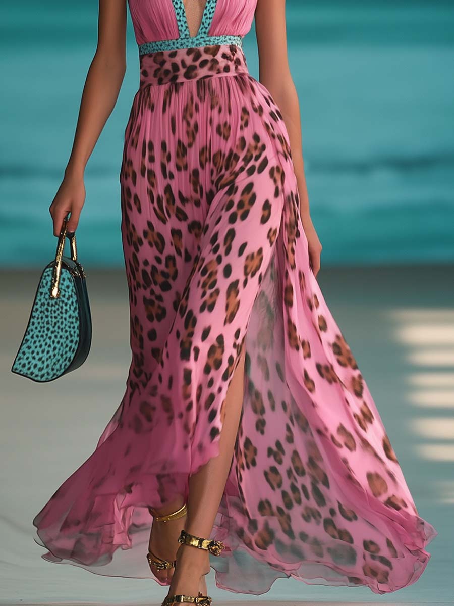 Retro Fashion Contrast Color V-Neck Leopard Print Pink Chiffon Slit Maxi Dress - By Qivii