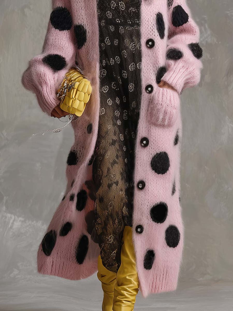 Vintage Fashion Lazy Front Button Black Polka Dot Pink Imitation Rabbit Fur Knitted Long-sleeved Cardigan  - By Qivii
