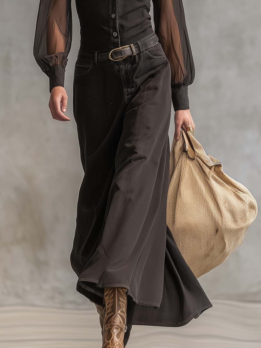 Vintage Western Front Button V-Neck Transparent Long Sleeve Black Denim Maxi Dress  - By Qivii