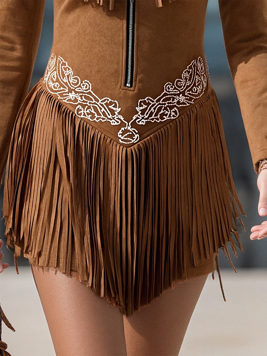 Vintage Western Style Embroidered Tassel Long Sleeve Brown Suede Mini Dress  - By Qivii