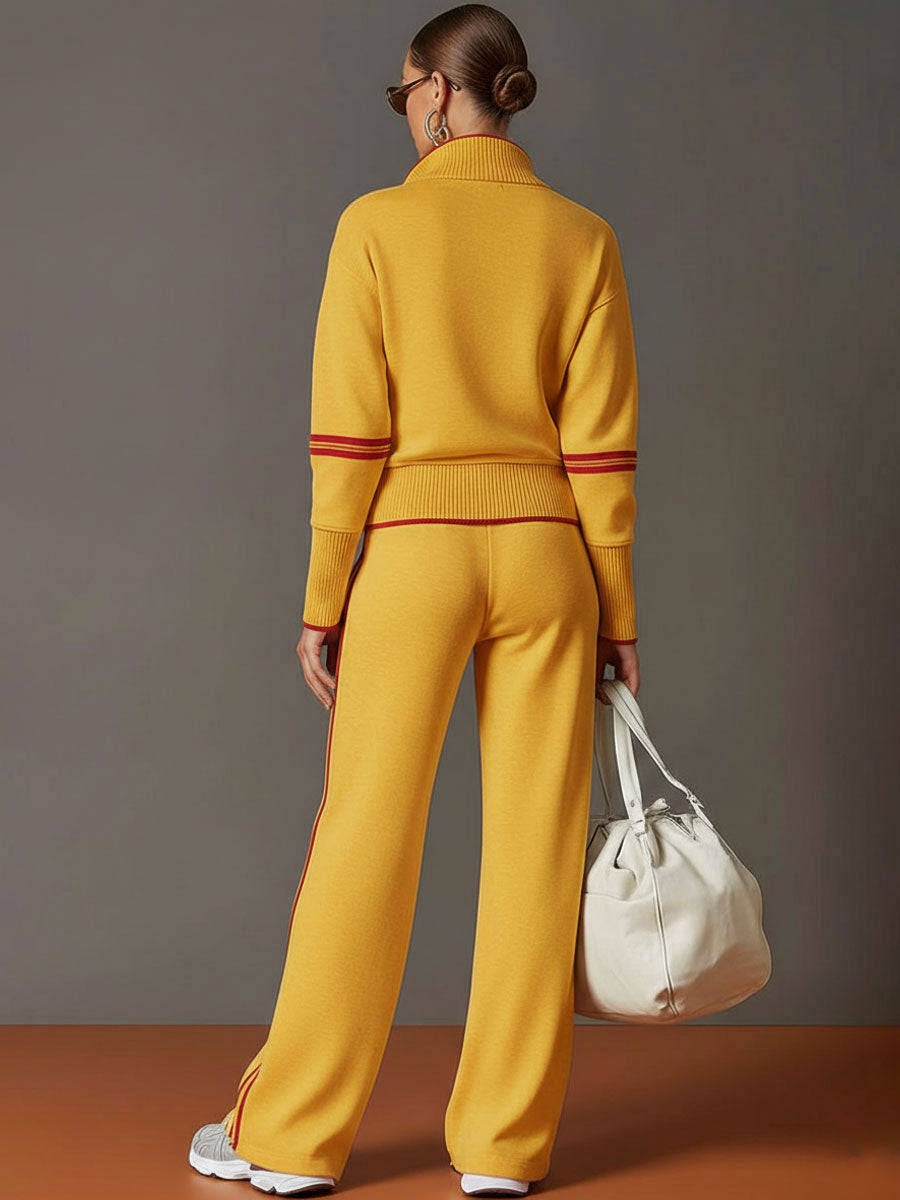 Retro Sporty Webbing Grey-white Half-zip Sweatshirt And Wide-leg Pants Set  - By Qivii