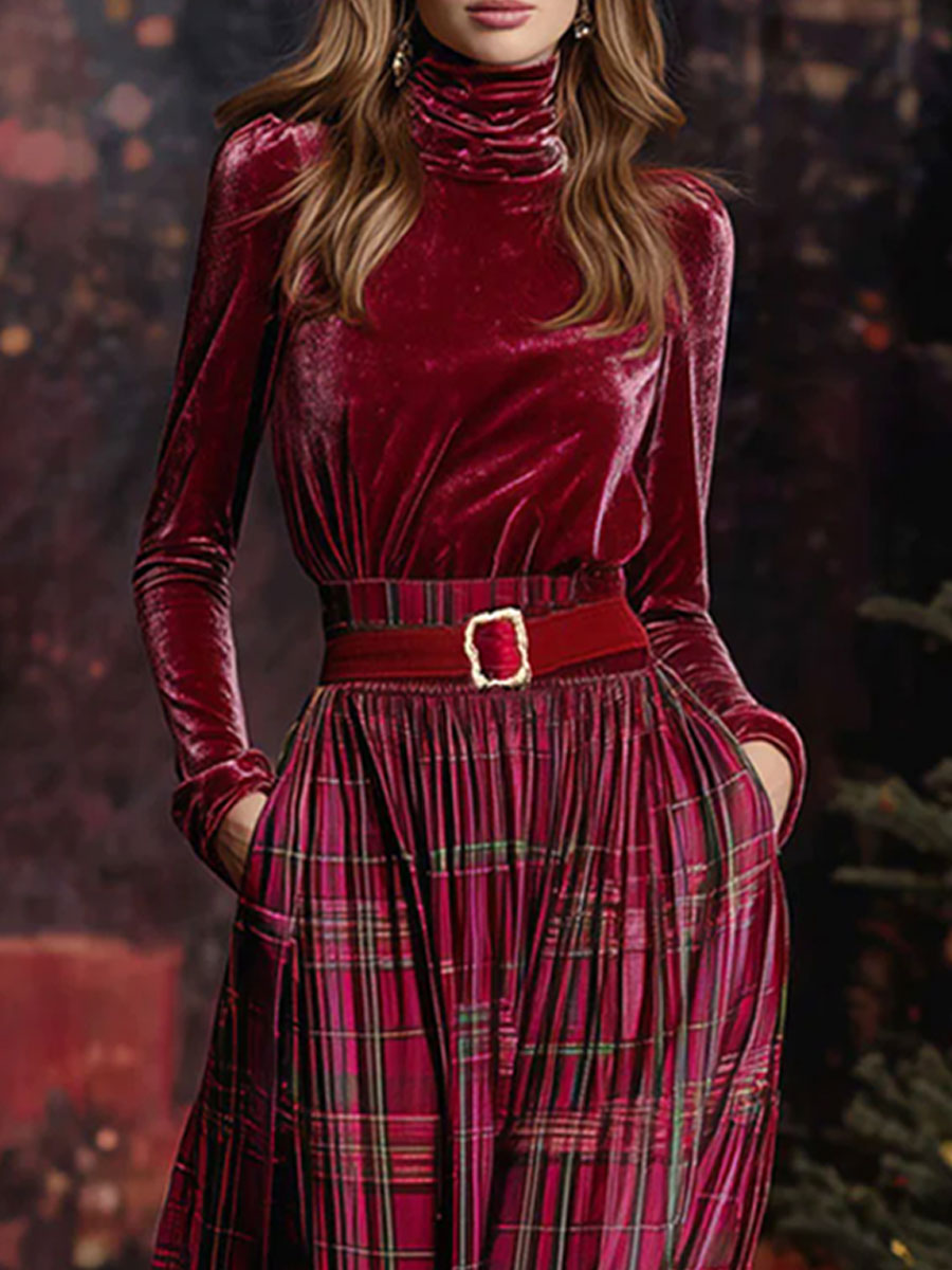 Festive Retro Red Velvet Turtleneck Plaid Skirt Set  - By Qivii