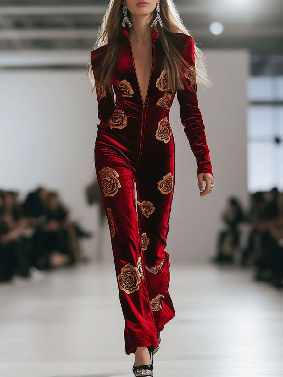 Casual Loose Retro Red Velvet Gold Rose Printed Zipper Long Sleeve Jumpsuit  - By Qivii