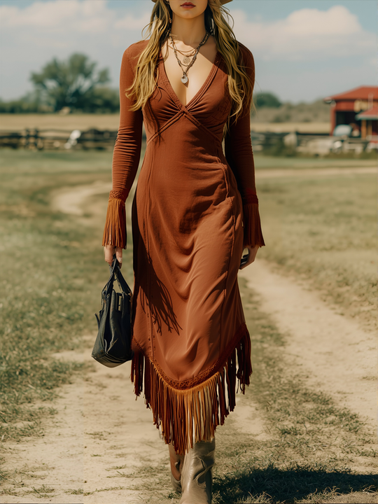 Western Retro Brick Red Cotton Long Sleeve Tassel Maxi Dress  - By Qivii