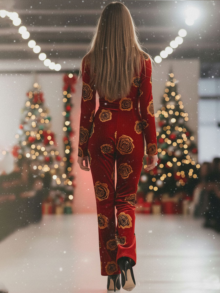 Casual Loose Retro Red Velvet Gold Rose Printed Zipper Long Sleeve Jumpsuit  - By Qivii
