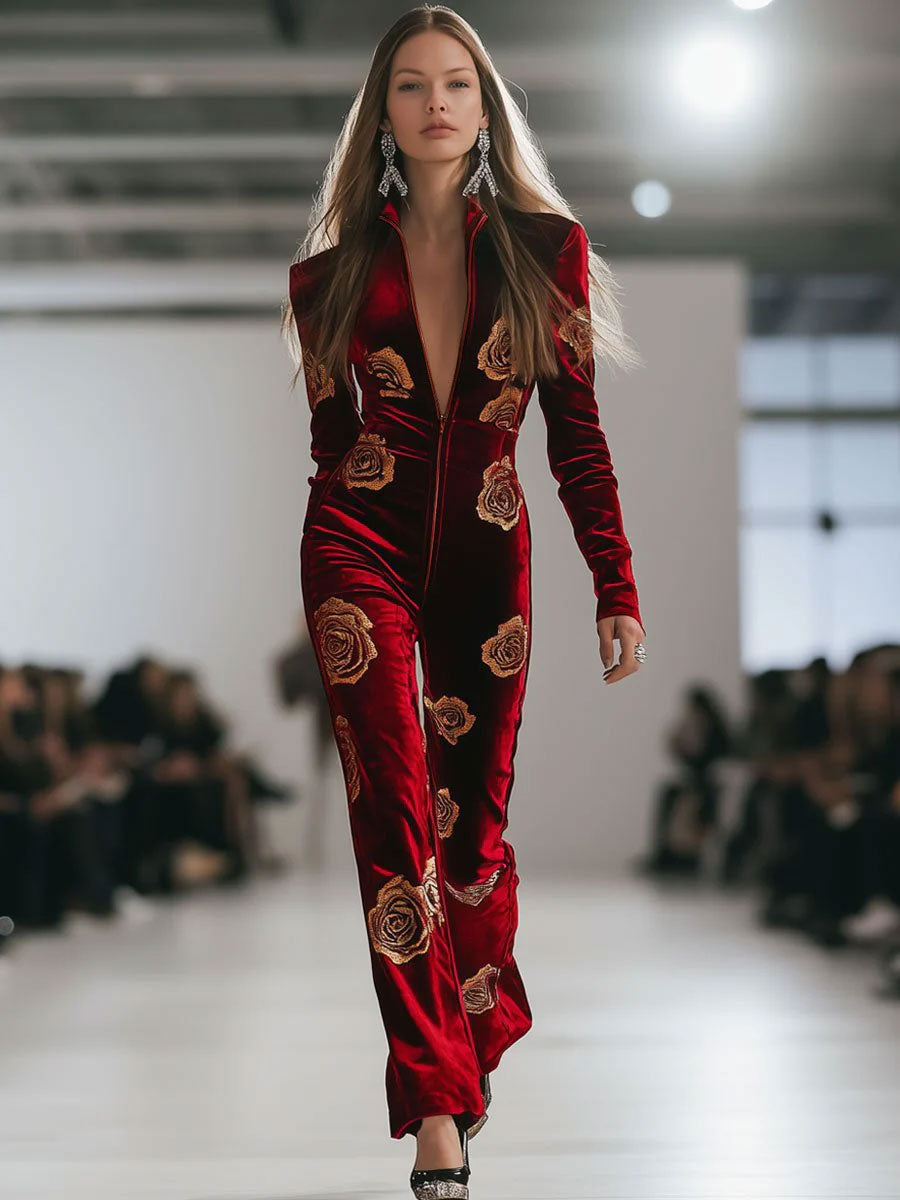 Casual Loose Retro Red Velvet Gold Rose Printed Zipper Long Sleeve Jumpsuit  - By Qivii