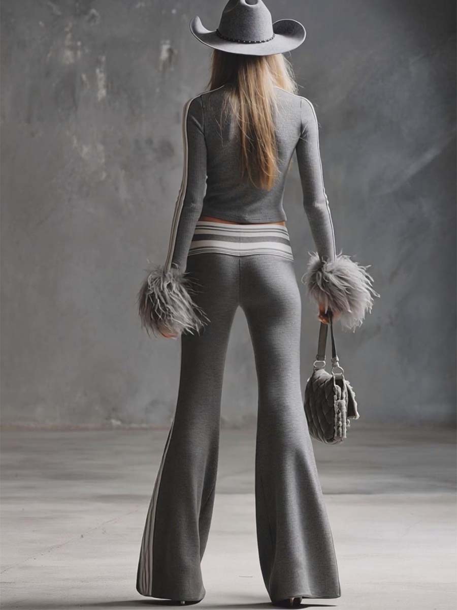 Retro Fashion Sporty Gray Knitted Feather Cuffs High-neck Top And Slim-fit Flared Pants Suit  - By Qivii