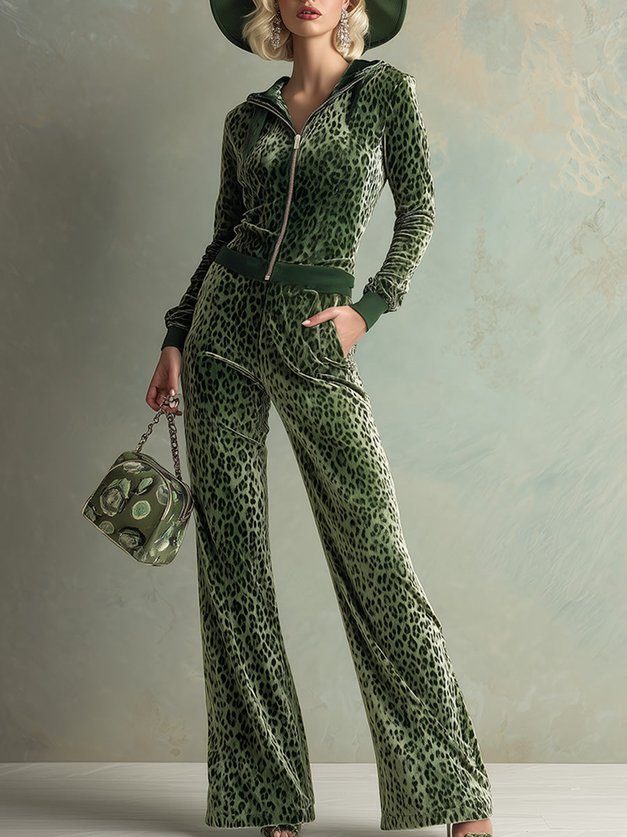 Retro Elegant Green Leopard Print Hooded Velvet Jumpsuit  - By Qivii