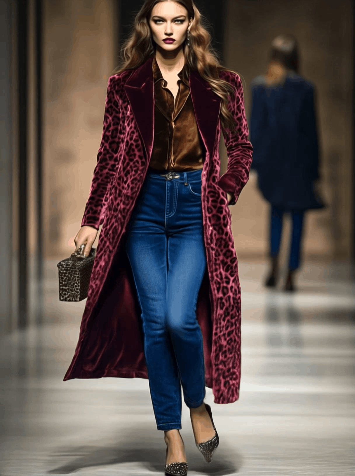 Casual Loose Vintage Velvet Leopard Print Colorblock Lapel Coat  - By Qivii