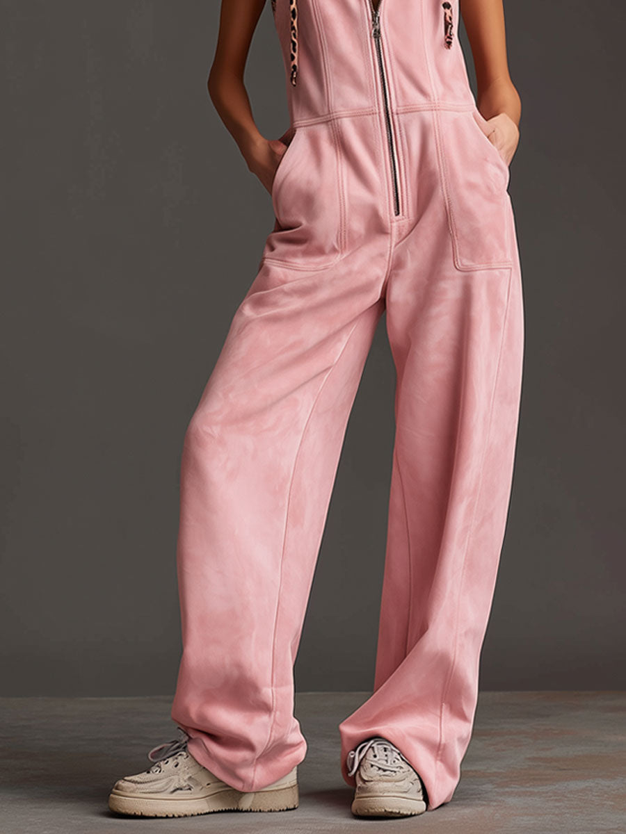Western Retro Pink Faux Suede Sleeveless Leopard Print Hooded Wide-Leg Jumpsuit  - By Qivii