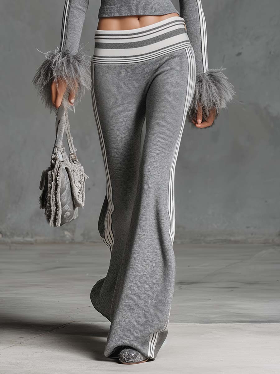 Retro Fashion Sporty Gray Knitted Feather Cuffs High-neck Top And Slim-fit Flared Pants Suit  - By Qivii