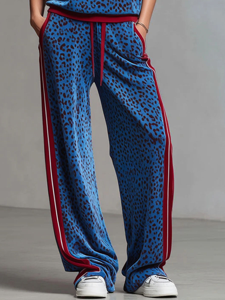 Leopard Print Hooded Sleeveless Top And Velvet Trousers Set  - By Qivii