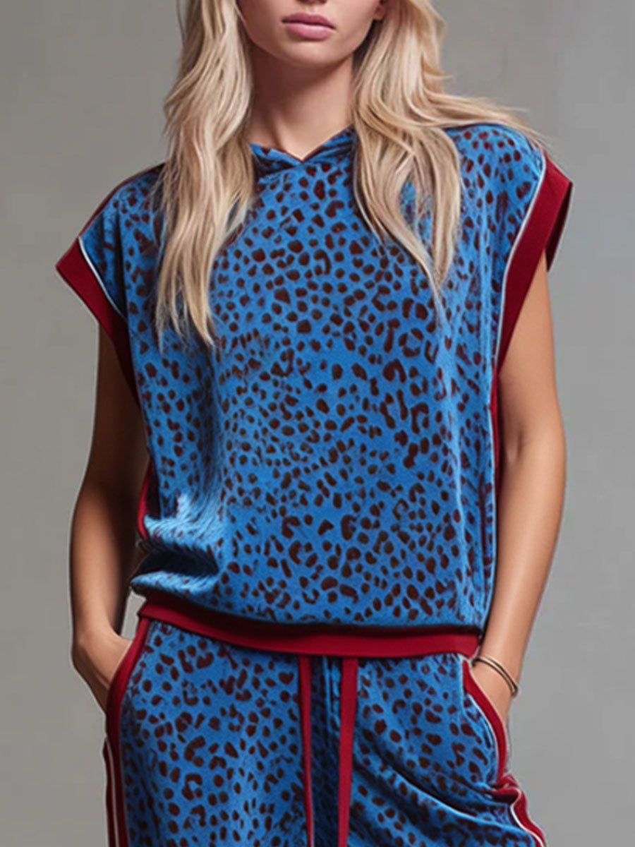 Leopard Print Hooded Sleeveless Top And Velvet Trousers Set  - By Qivii