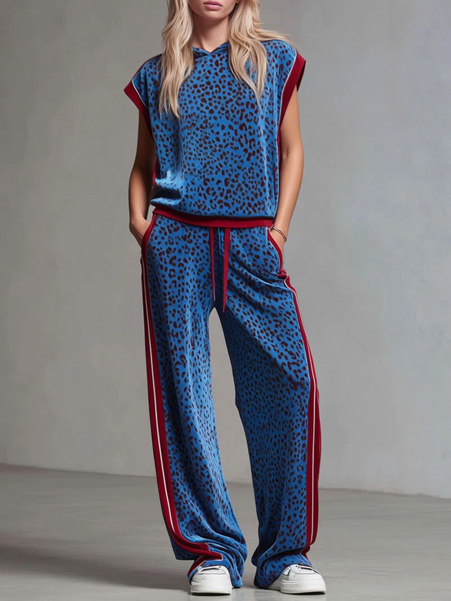 Leopard Print Hooded Sleeveless Top And Velvet Trousers Set  - By Qivii