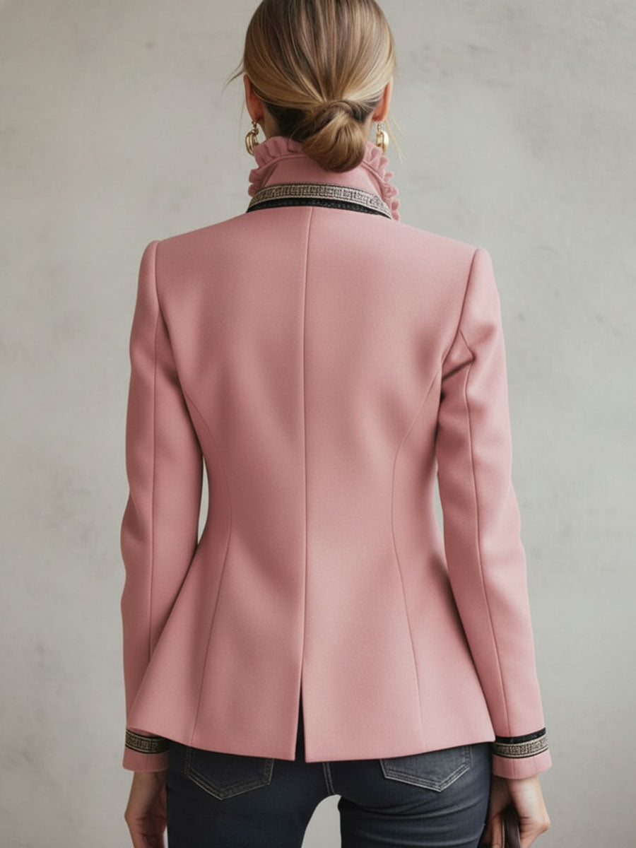 Ruffled Stand-up Collar Single-breasted Rose Embroidered Jacket  - By Qivii