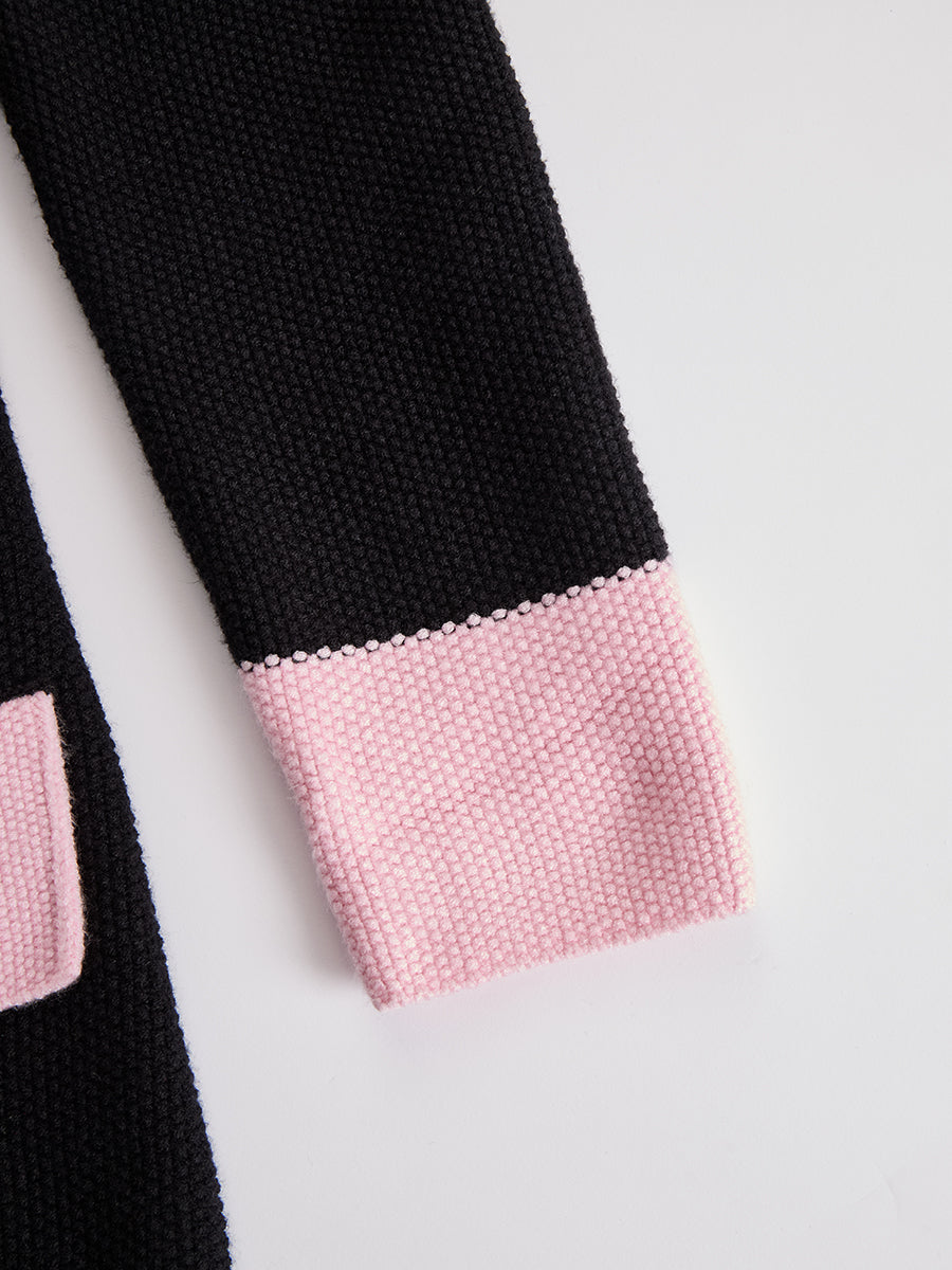 Black Contrast Pink Knitted Jacket And Skirt Set - By Qivii