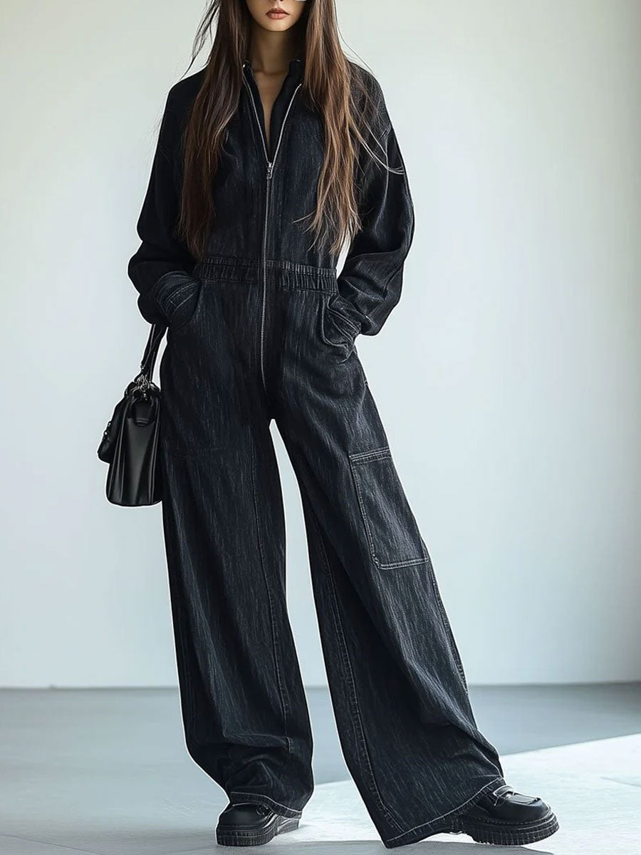 Casual Loose Retro Denim Zipper Elastic Waist Lapel Long Sleeve Jumpsuit - By Qivii