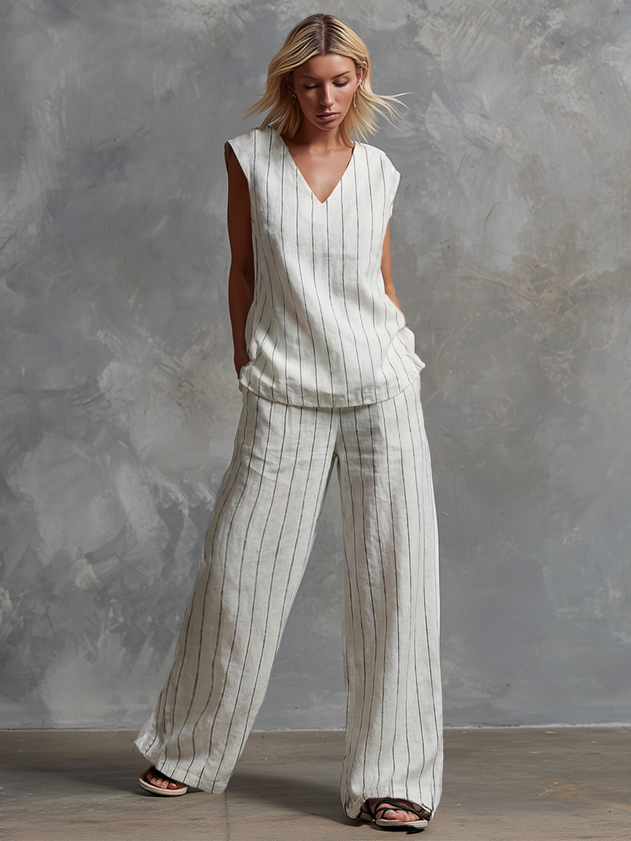 Classic Striped White Cotton Sleeveless Top And Wide-leg Pants Set  - By Qivii
