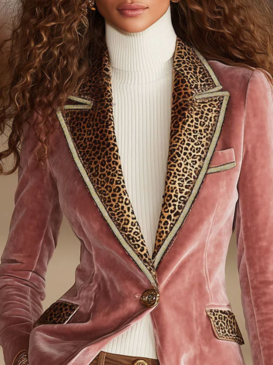 Pink Velvet Stitching Leopard Print One Button Blazer  - By Qivii