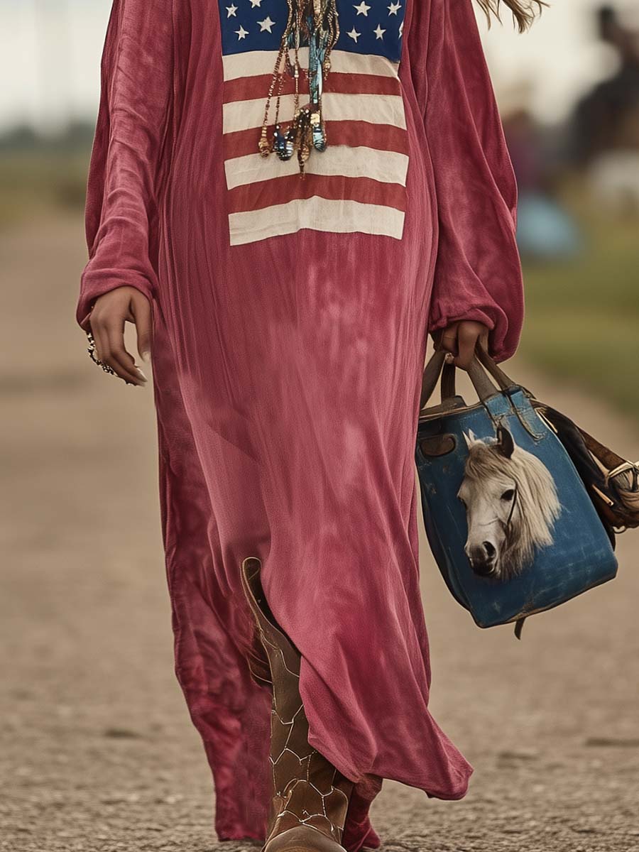 Vintage Casual Western Long Sleeve Flag Print Pink Cotton Loose Maxi Dress  - By Qivii