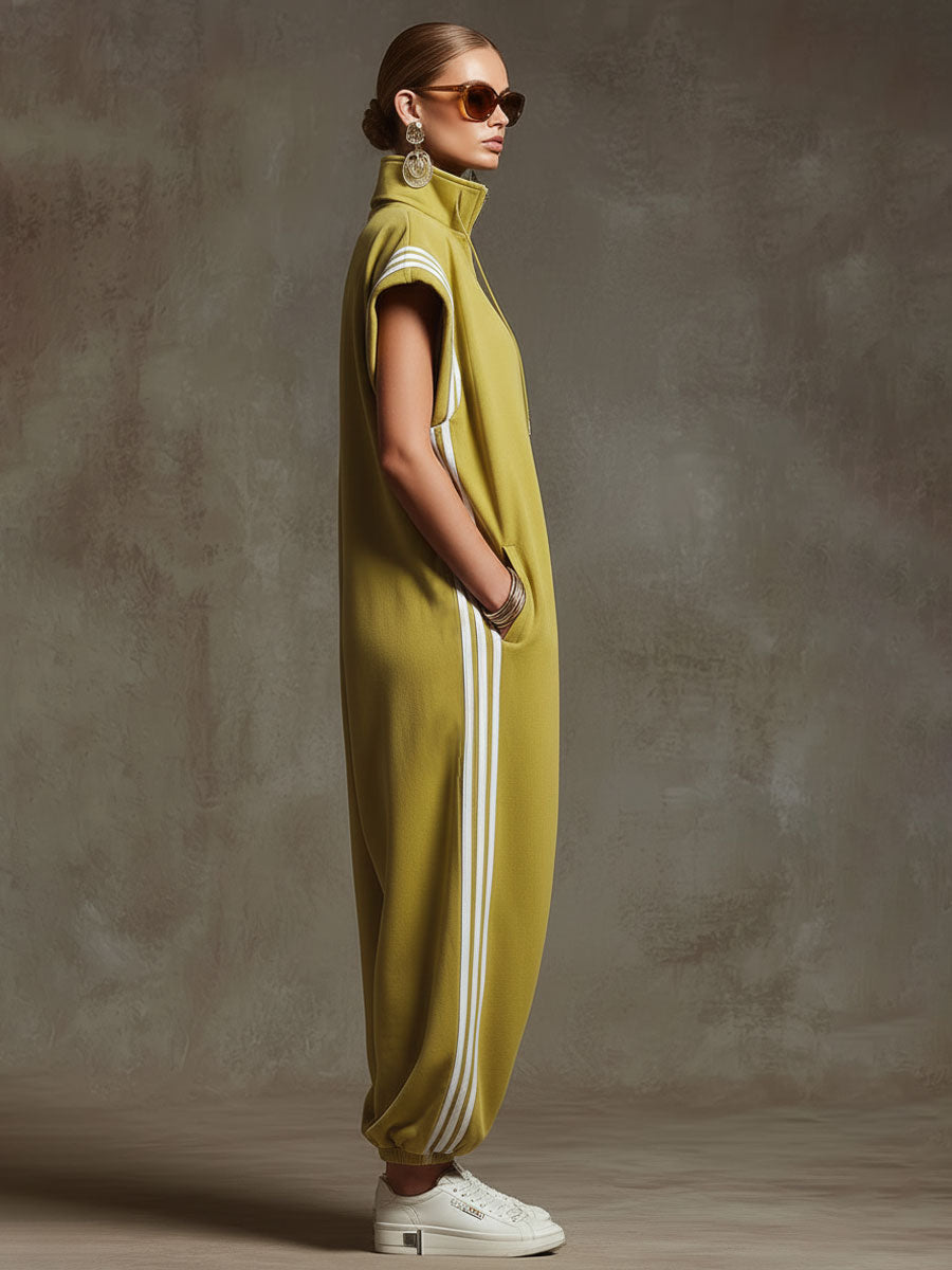 Casual Sports White Webbing Yellow-green Sleeveless Jumpsuit  - By Qivii