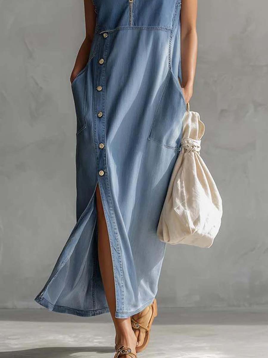 Exquisite Vintage Casual Hooded V-neck Zipper Side Slits Buttons Blue Denim Midi Dress  - By Qivii