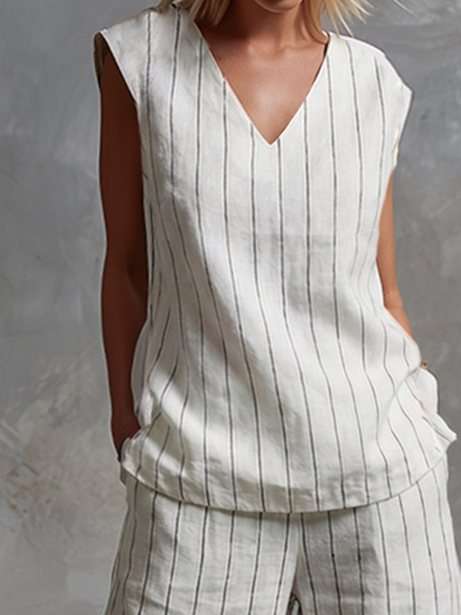 Classic Striped White Cotton Sleeveless Top And Wide-leg Pants Set  - By Qivii