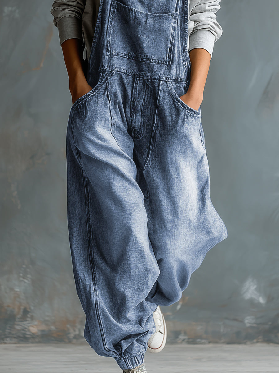 Casual Retro Washed Denim Blue Pocket Overalls  - By Qivii