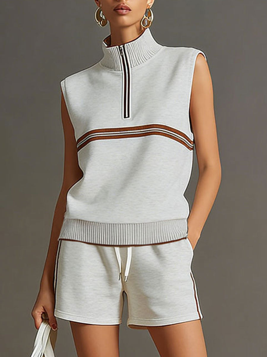 Retro Sporty Grey And White Half-zip Sleeveless Sweatshirt And Shorts Set  - By Qivii