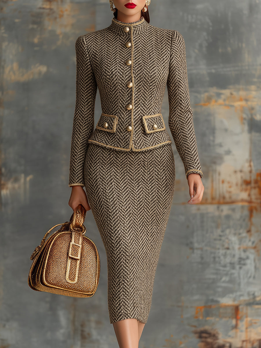 Vintage Herringbone Gold Trim Stand Collar Jacket And Skirt Set  - By Qivii