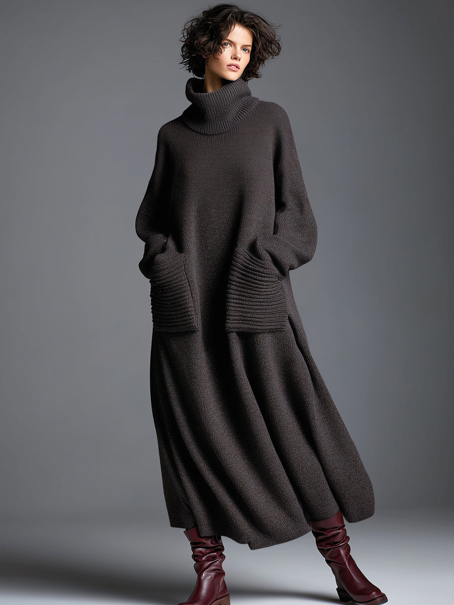 High-end Fashionable Loose Neckline Brown Knitted Maxi Dress  - By Qivii