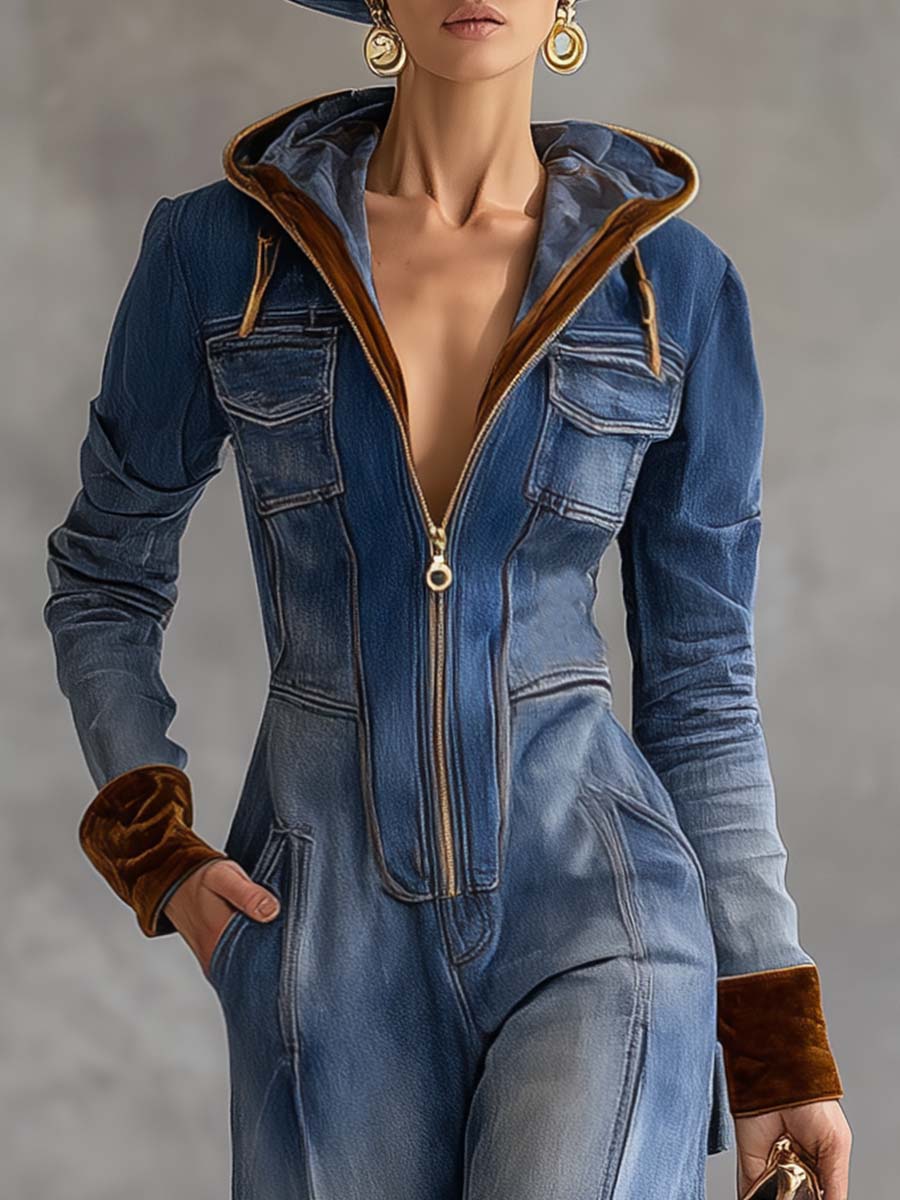 Vintage Casual Western Hooded V-neck Zipper Velvet Stitching Blue Denim Jumpsuit  - By Qivii