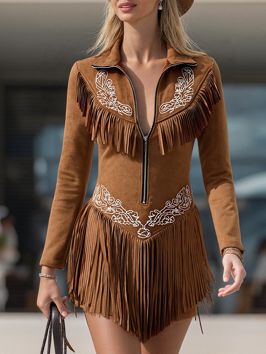 Vintage Western Style Embroidered Tassel Long Sleeve Brown Suede Mini Dress  - By Qivii