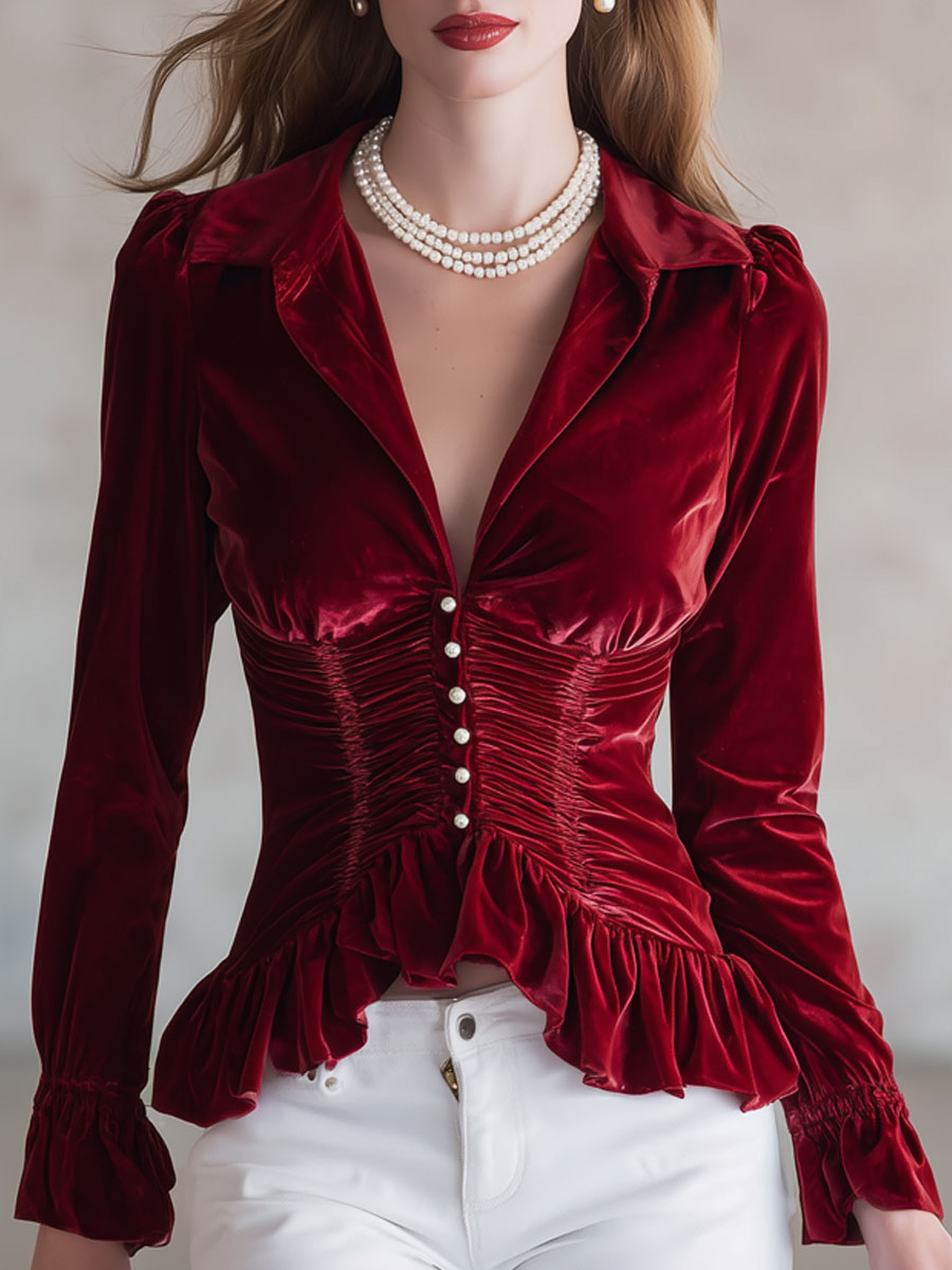 Fashionable Retro Red Velvet Pleated Ruffled Long-sleeved Shirt  - By Qivii