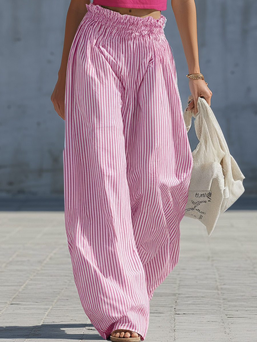 Stylish Casual White Cotton Tank Top And Blue Striped Pants Set  - By Qivii