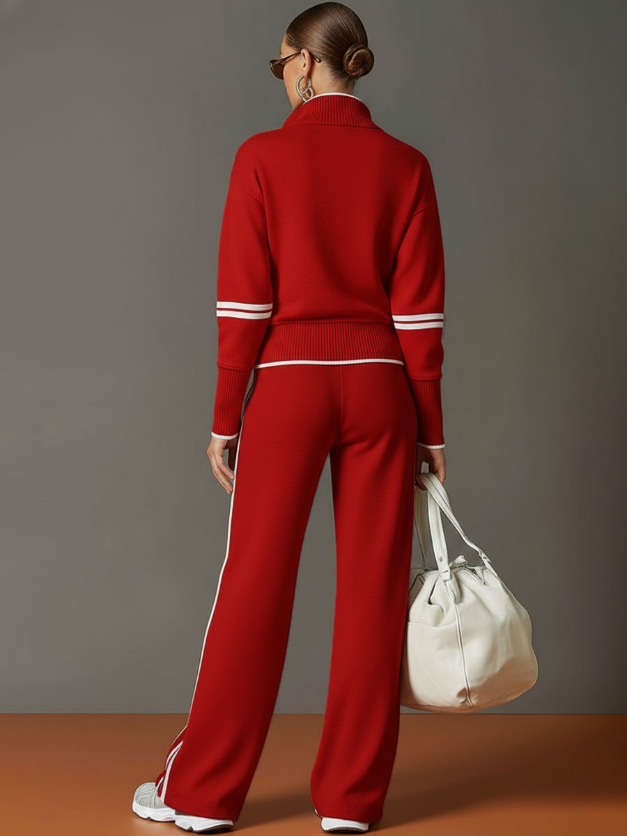 Retro Sporty Webbing Grey-white Half-zip Sweatshirt And Wide-leg Pants Set  - By Qivii