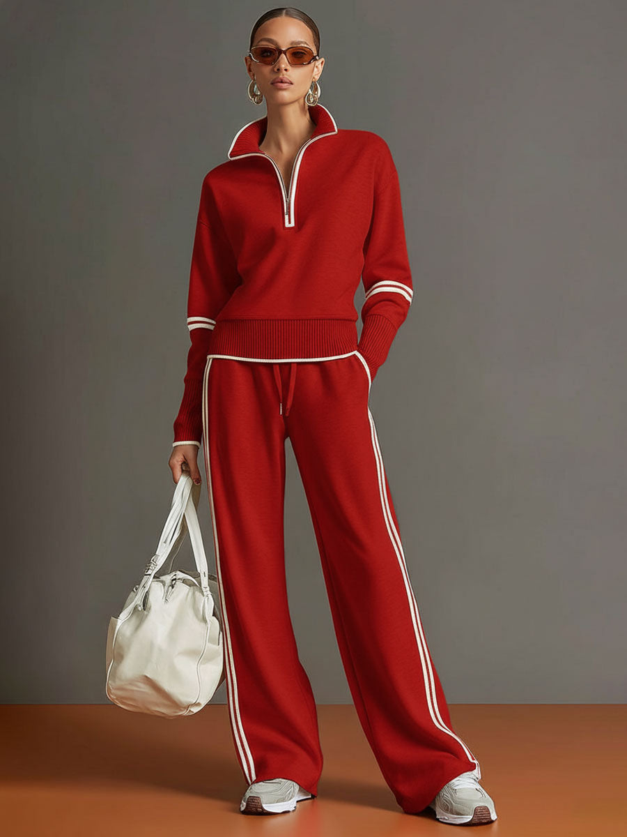 Retro Sporty Webbing Grey-white Half-zip Sweatshirt And Wide-leg Pants Set  - By Qivii
