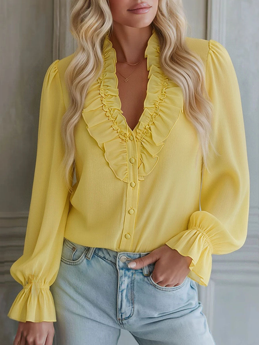 V-neck Chiffon Single-breasted Long-sleeved Shirt  - By Qivii