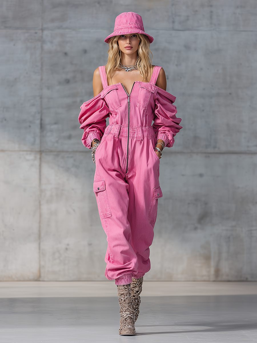 Stylish And Modern Long-sleeved Strappy Tapered Legs Pink Denim Jumpsuit  - By Qivii