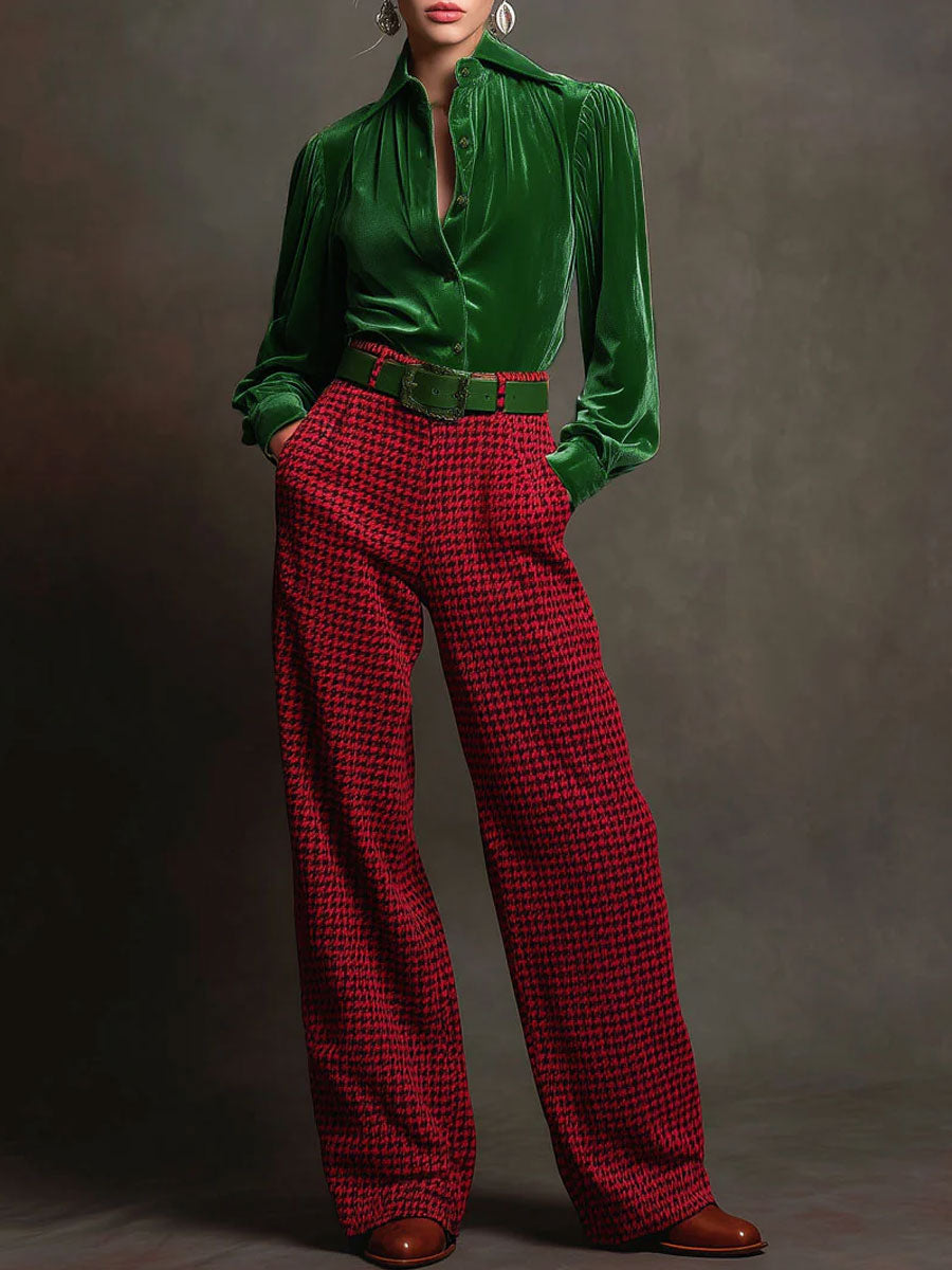 Retro Green Velvet Pleated Long-sleeved Shirt And Houndstooth Wide-leg Pants Set  - By Qivii
