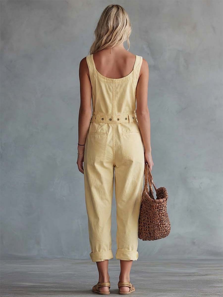 Casual Retro Square Neck Front Zipper Light Yellow Denim Jumpsuit  - By Qivii