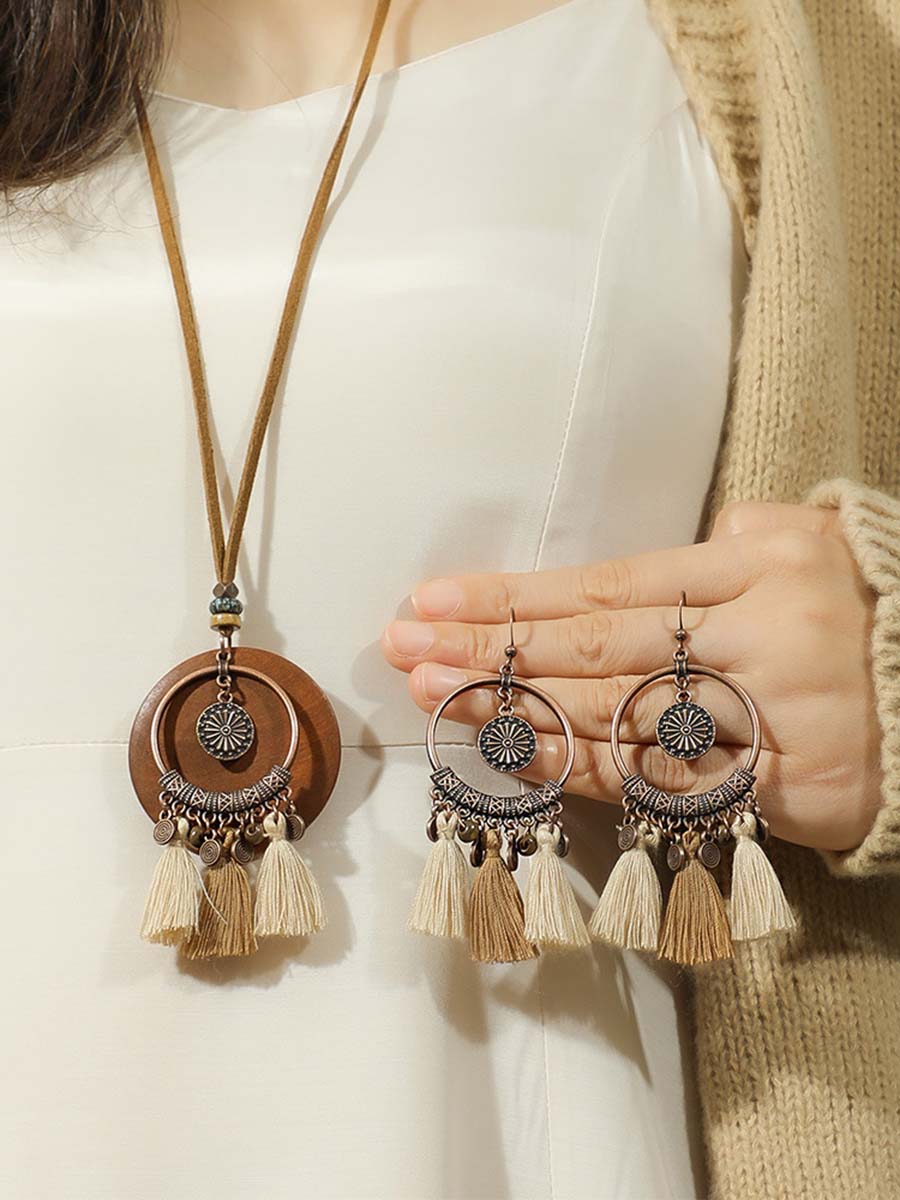 Vintage Distressed Bohemian Tassel Necklace Earrings Set  - By Qivii